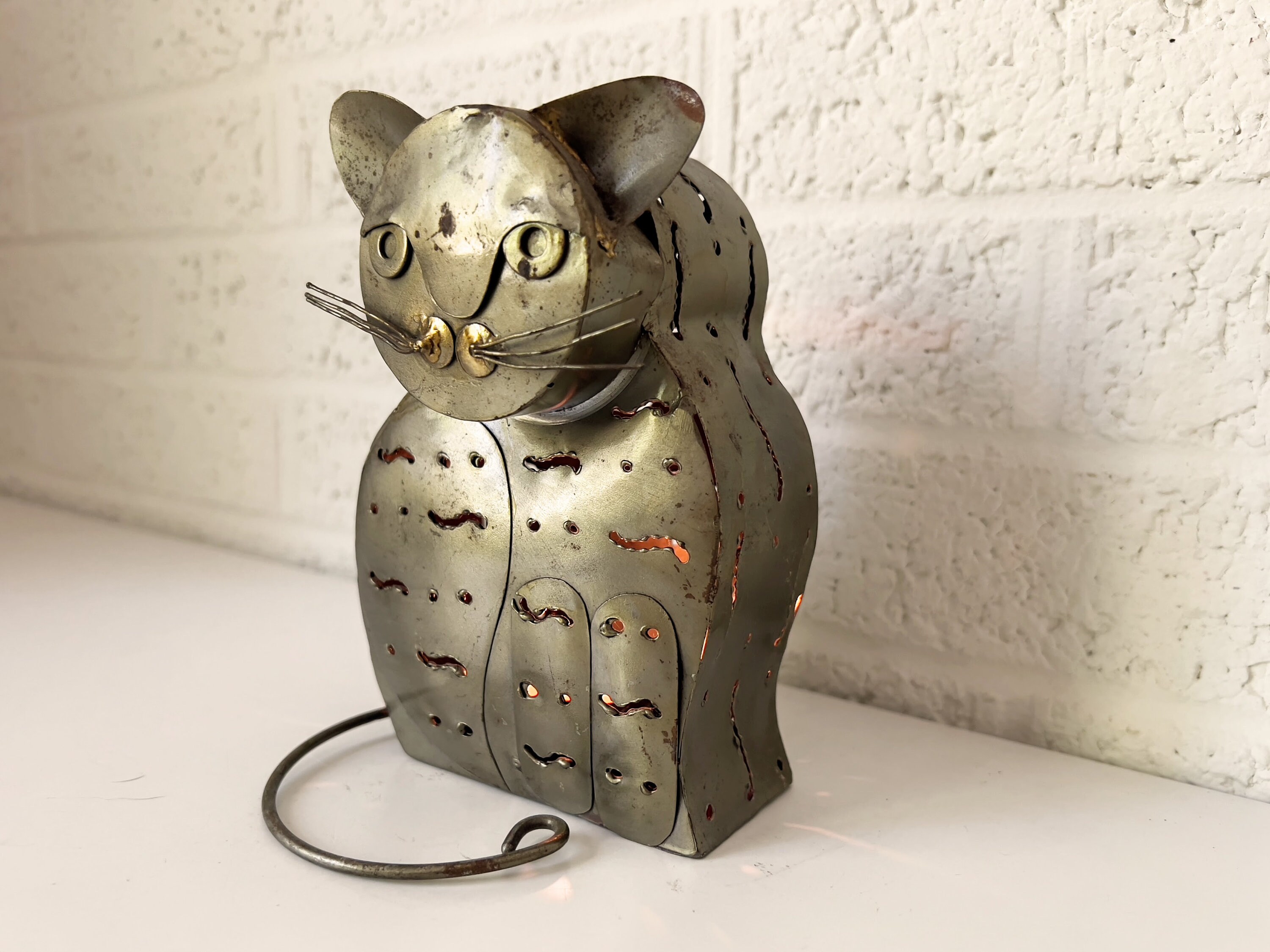 Vintage Metal Cat Candle Holder or Lantern | Metal Cat Lantern
