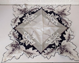 Vintage Leaf-Themed Handkerchief | Shades of Grey and Purple with Deeply Scalloped Edges