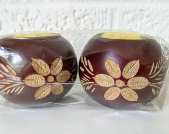 Portavelas de té de madera de mango tallada / par