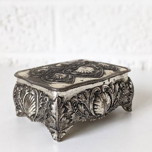 Vintage Silver Metal Trinket Box with Red Cloth Lining | Made in Japan | Footed Ring or Gift Box | Hinge Open
