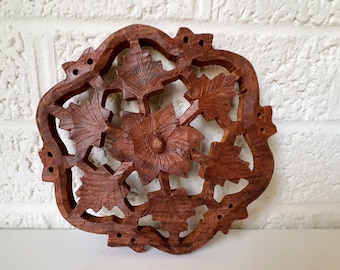 Vintage Hand Carved Wooden Trivet or Wall Art | Bohemian Design