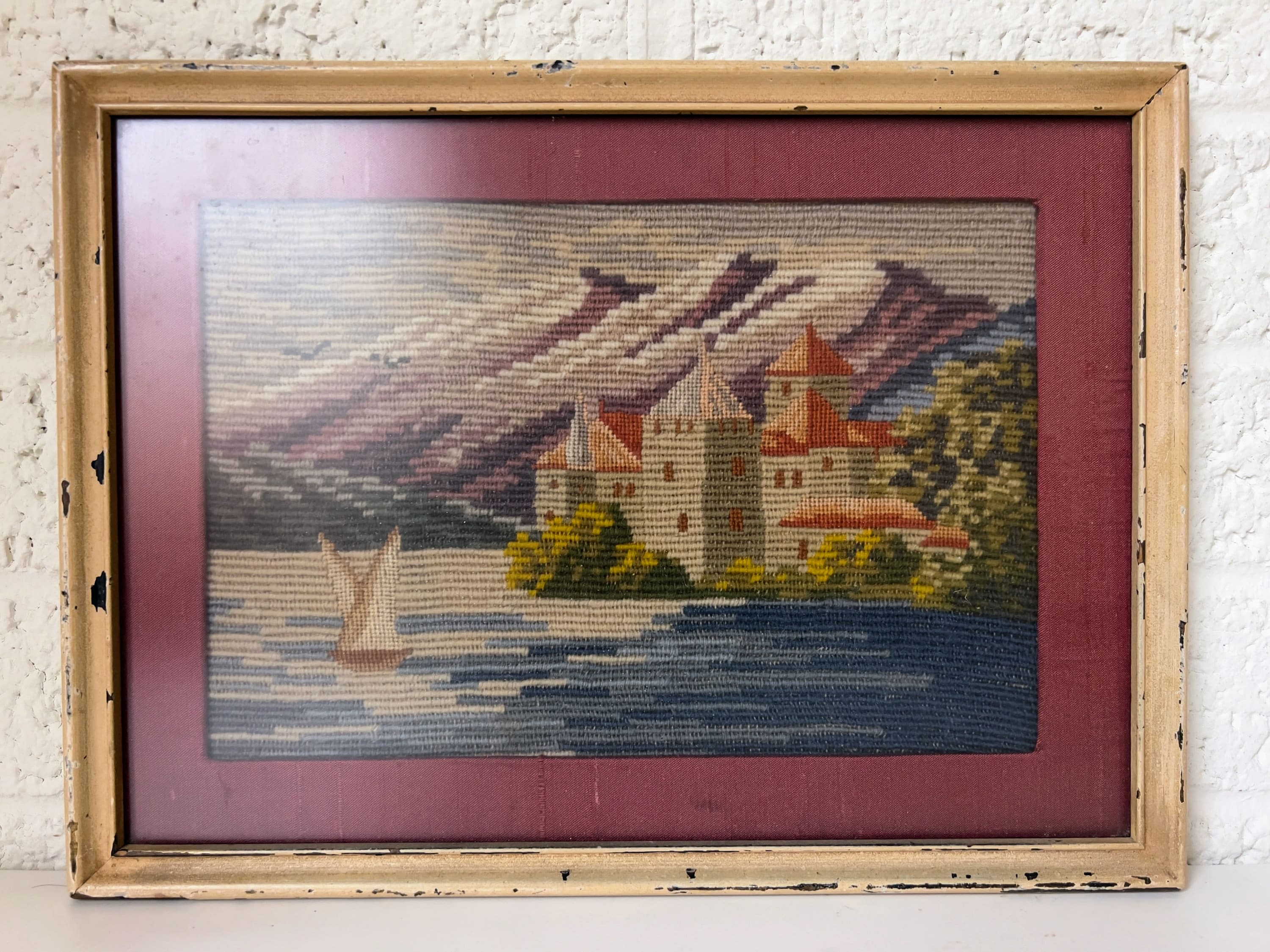 Vintage Framed Needlepoint Art | Coastal European Scene