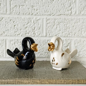 Pair Vintage Bird Salt Cellar or Toothpick Holder | Mid Century Modern Black, White, and Gold Birds