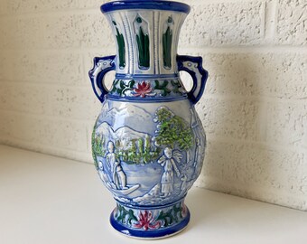 Vintage Japanese Majolica Vase | Double Handled Vase | Village Scene, Fishing Scene | Bucolic