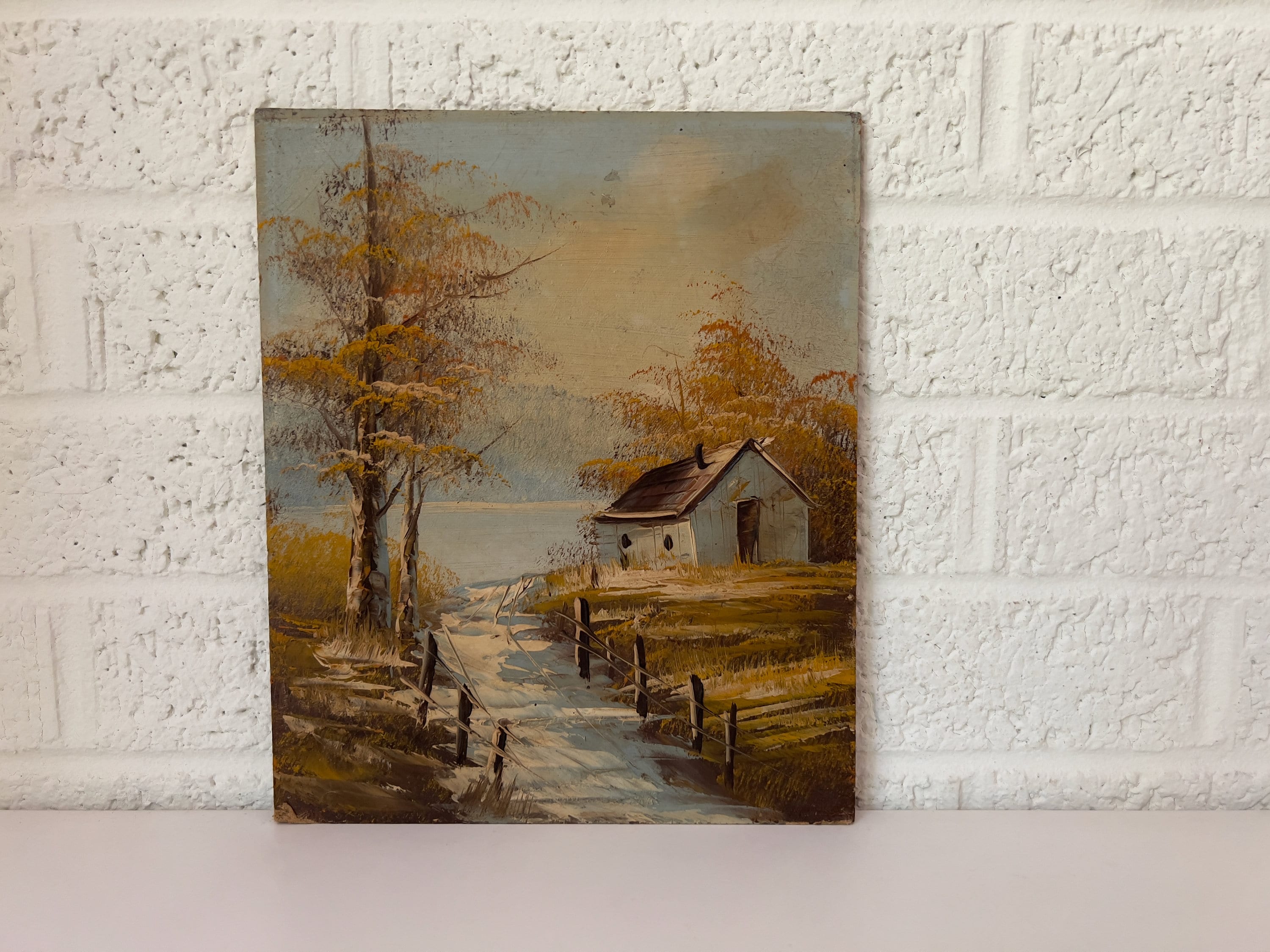 ヴィンテージオリジナル絵画 | 秋の湖畔の小屋 - Etsy 日本