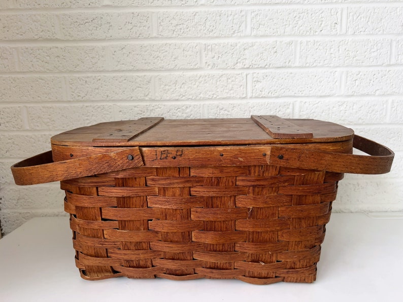 Pinic Hinge Vintage Wooden Lidded Picnic Basket Hinge Lid Two Handles - Etsy