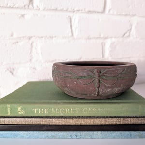 May include: A terracotta-colored ceramic bowl with a dragonfly design sits on top of a stack of four books. The top book is green and has the title "The Secret Garden" printed on the spine.