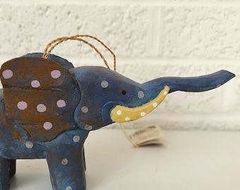 Vintage Wooden Elephant Ornament | Blue, Polka Dot Elephant