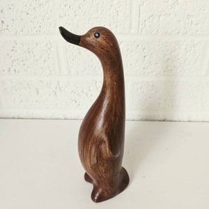 Vintage Faux Wood Plastic Duck Figurine with Blue Rhinestone Eyes
