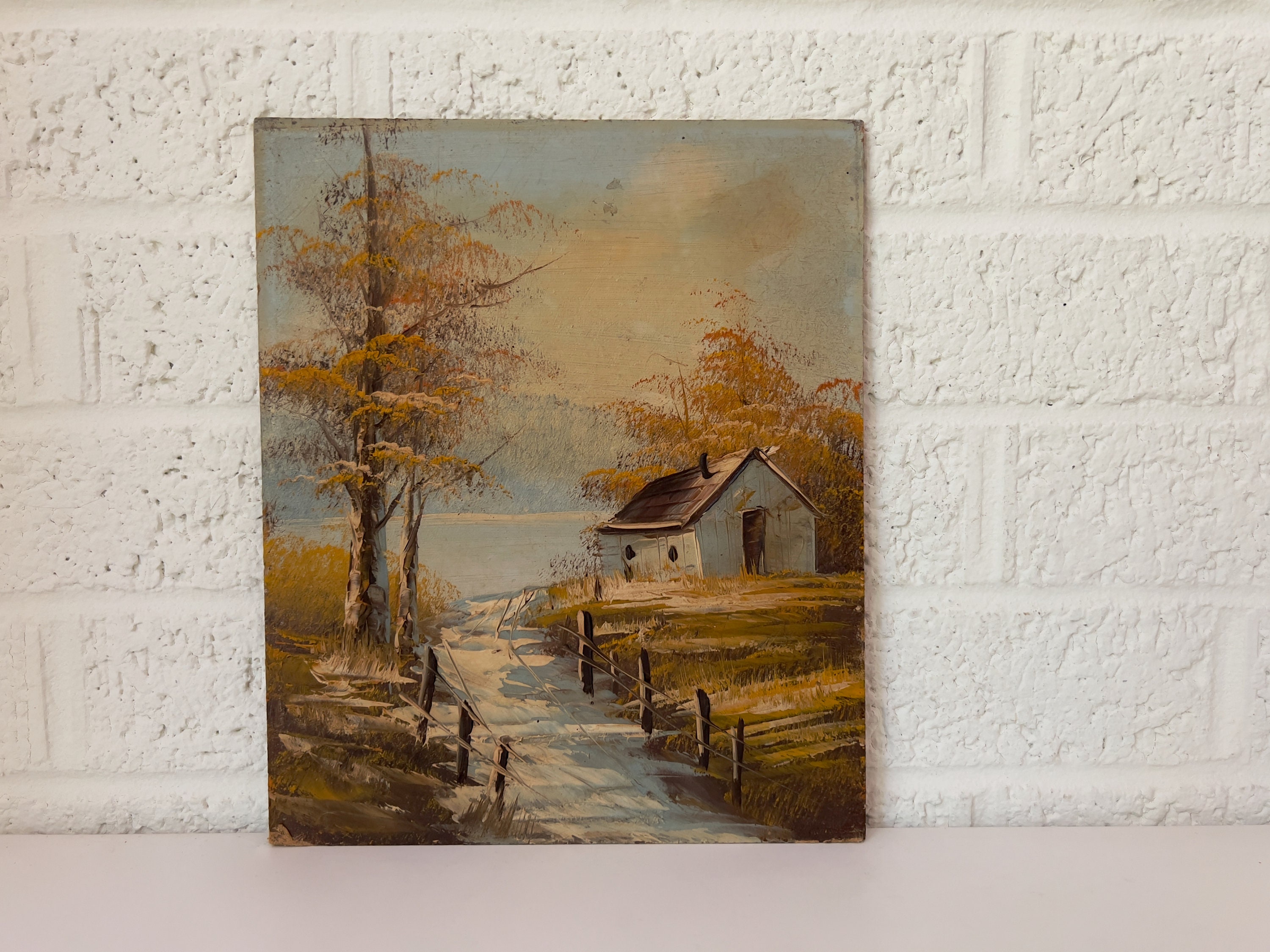 ヴィンテージオリジナル絵画 | 秋の湖畔の小屋 - Etsy 日本