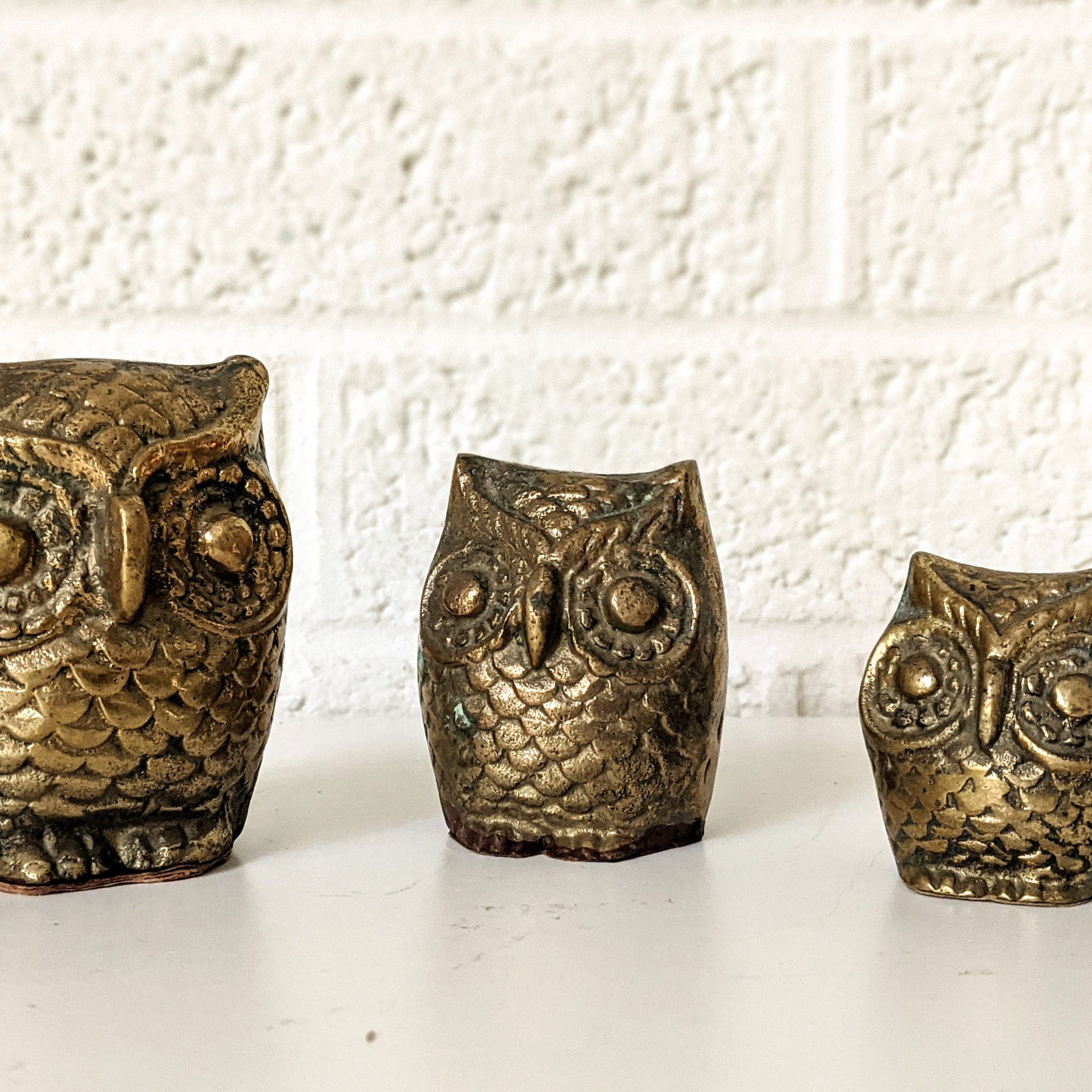 Vintage Brass Owl Family of Three