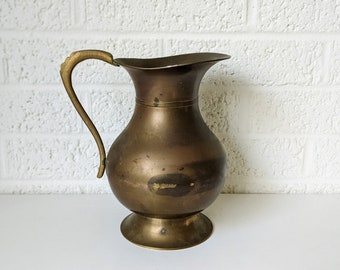 Vintage Brass Pitcher Vase on Pedestal Base | 7.75" Tall