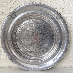 Vintage Continental Trademark Etched Platter with Flowers and Wheat | Hand Wrought Aluminum Plate