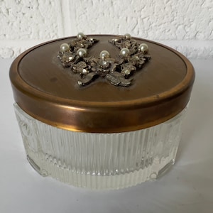 Vintage Vanity Jar or Jewelry Holder | Glass Bottom, Metal/Celluloid Top with Ornamentation