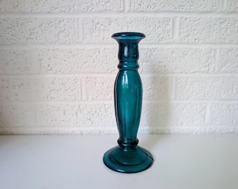 Vintage Teal Glass Candlestick Holder or Vase