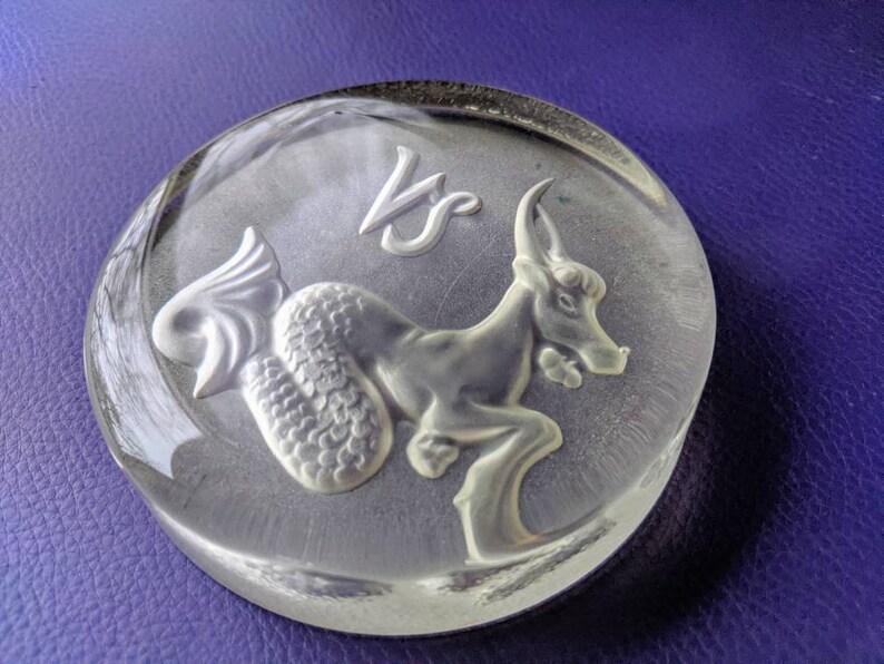 Pressed Glass Astrological Design Vintage Lead Crystal Capricorn Paperweight