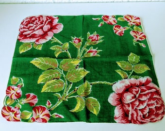 Pañuelo floral vintage de peonía (verde, rosa, rojo y blanco)