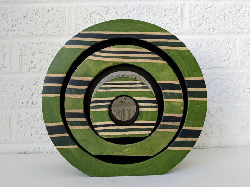 Vintage träteljushållare med cirklar | Grön med ränder bild 4