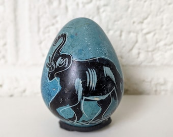 Vintage Carved Soapstone Egg | Elephant and Baobab Tree