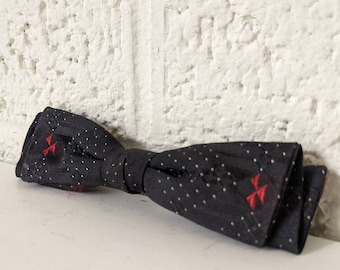 Vintage Shur-On Clip On Bow Tie | Dark Navy Silk with Red and White Accents