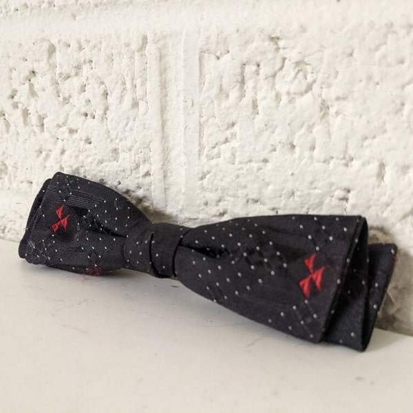 Vintage Shur-On Clip On Bow Tie | Dark Navy Silk with Red and White Accents