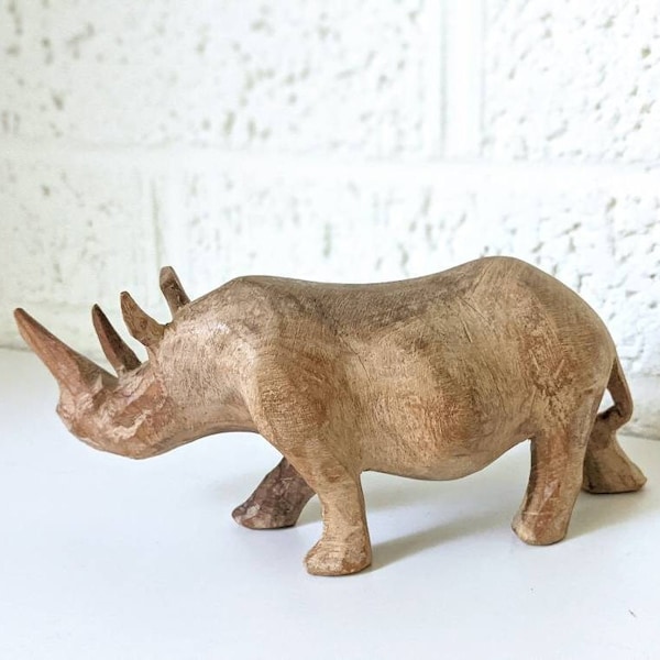 Vintage Hand Carved Wood Rhinoceros | Carved Wooden Rhino