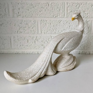 Vintage Mid-Century Modern Peacock Statue | White Textured Ceramic | 11 Inches