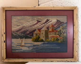 ヨーロッパアート　額縁セット　NEEDLEPOINT Vintage Vintage Framed Needlepoint Art | Coastal European Scene