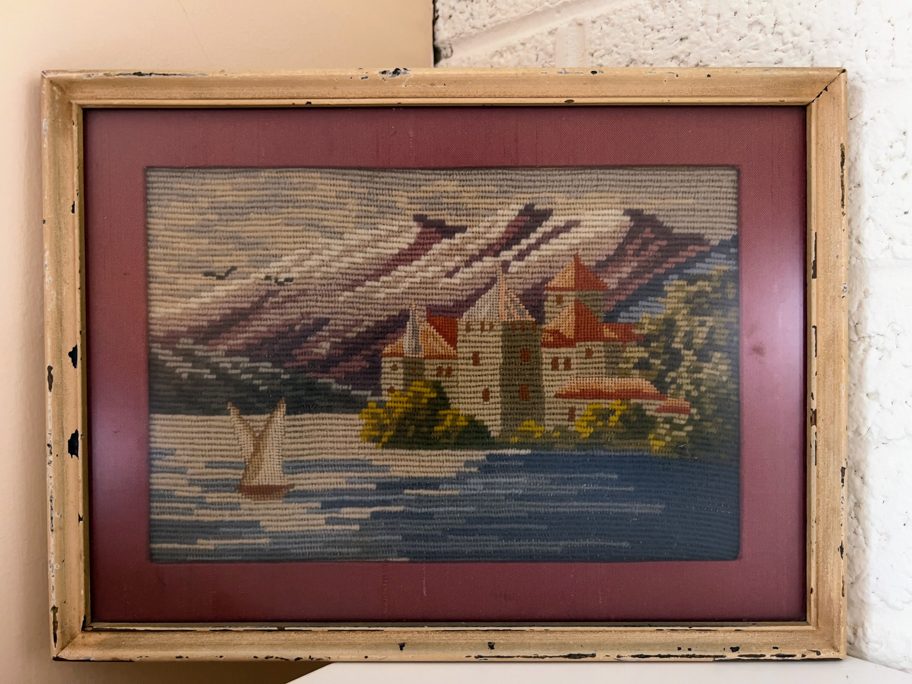 ヨーロッパアート　額縁セット　NEEDLEPOINT Vintage Vintage Framed Needlepoint Art | Coastal European Scene
