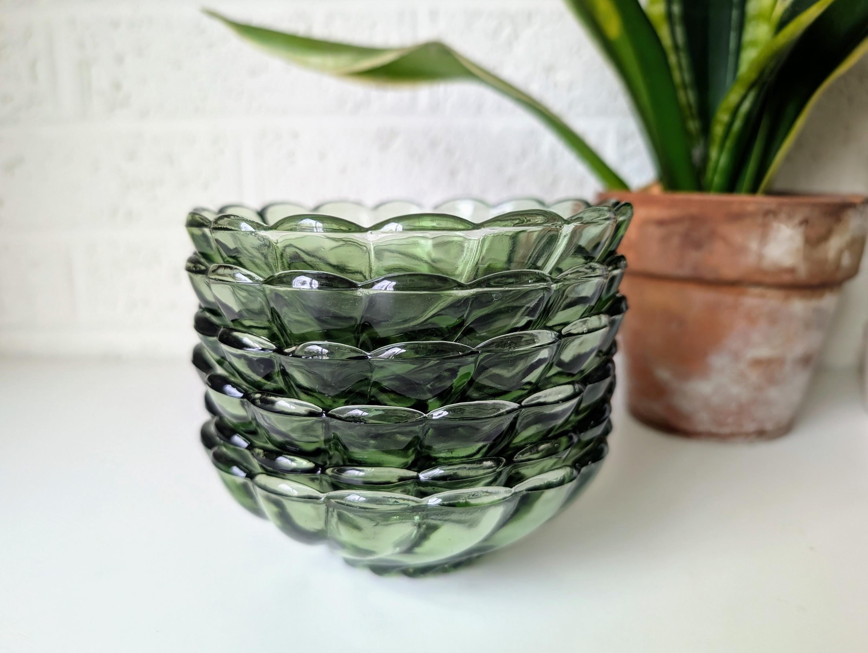Set 6 Vintage Hazel Atlas Green Depression Glass Berry Bowls | Colonial Swirl Pattern | MCM Shell Art | Avocado Glass