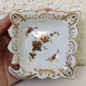 Small Vintage or Antique Porcelain Ring Dish | Square Dish | Gold Flowers | Scalloped Rim