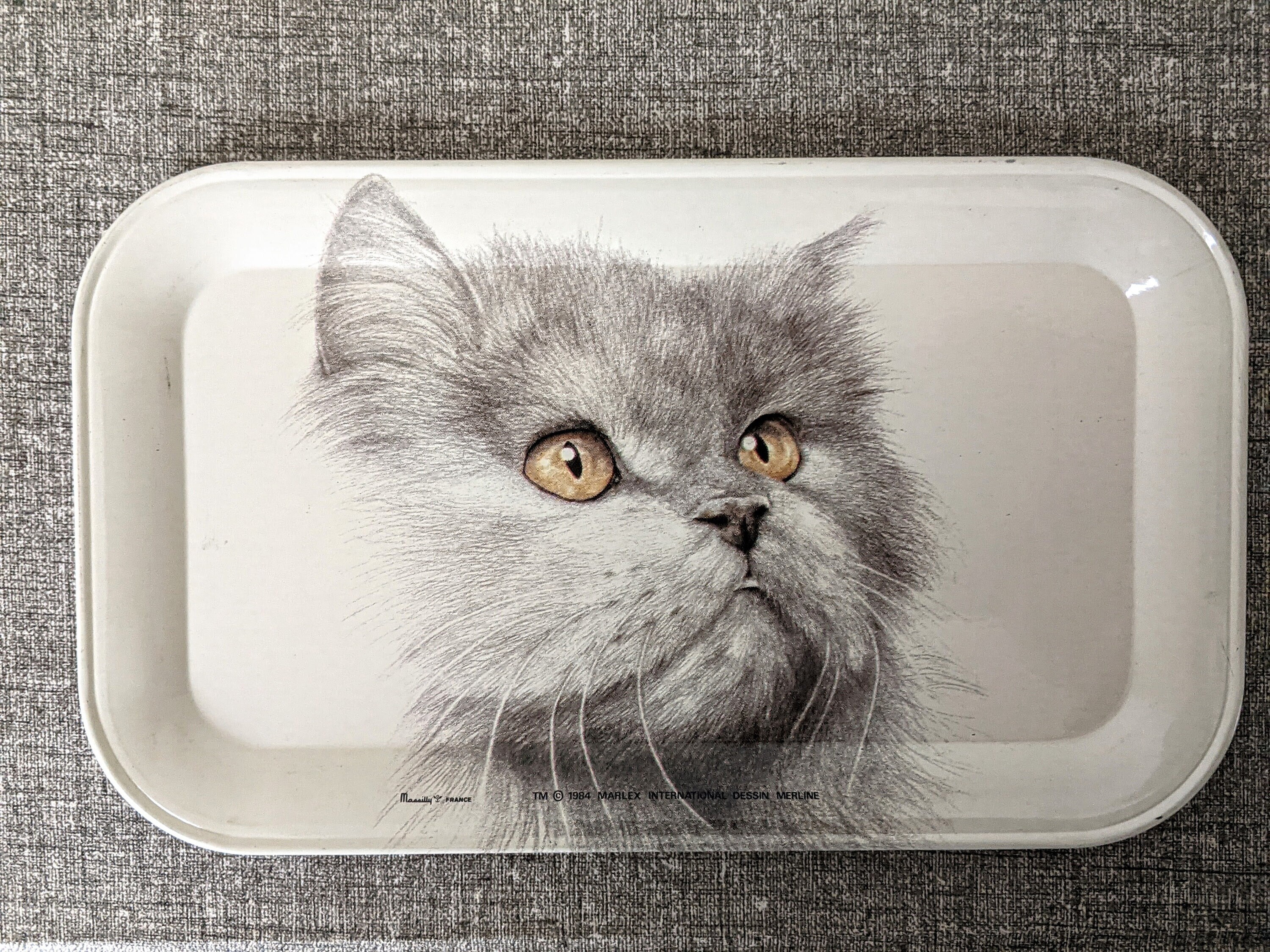 Plateau Rond Massilly - Motif Chat - Vintage - Métal Beige