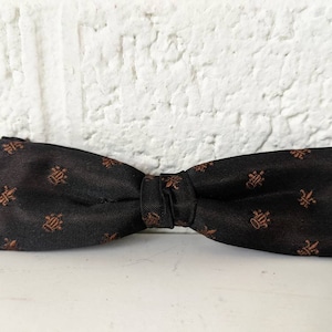 Vintage S. & H. Clip On Bow Tie | Black Silk with Copper Brown Crown Accents