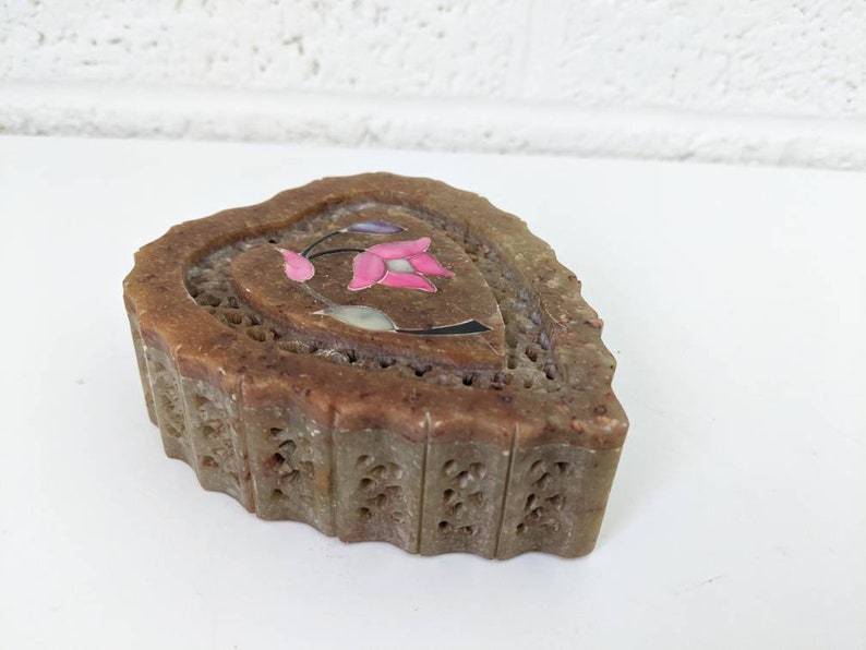 Heart Shaped Trinket Box with Lid Stone Marble Trinket Box with Mother of Pearl Inlay Flower