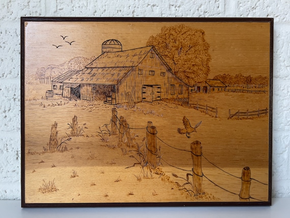 Vintage Wood Burn Wall Art | Barn Scene | Pyrography | Bucolic