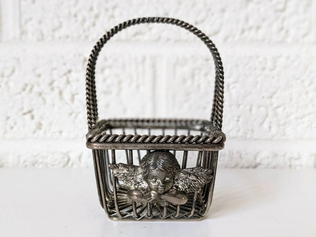Small Vintage Woven Metal Basket With Cherub and Handle Etsy