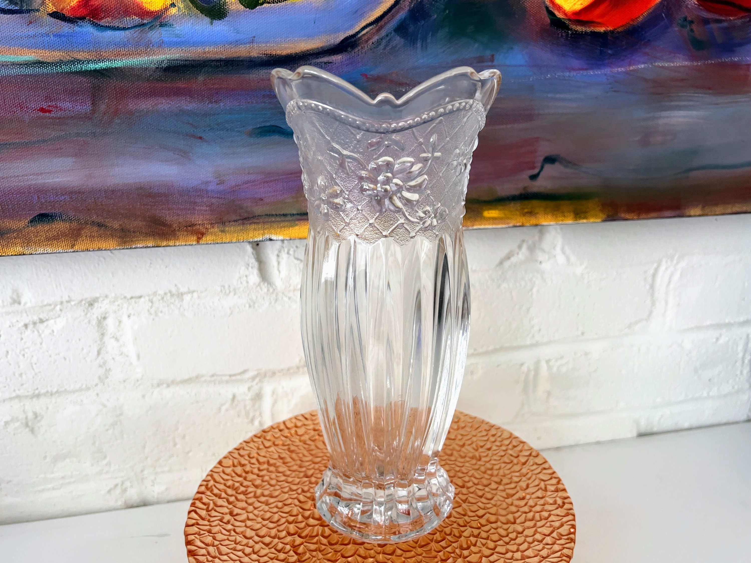 Vintage Glass Vase With Embossed Floral Design, Scalloped Rim, and ...