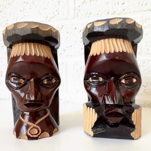 Vintage Pair Jamaican Carved Wood Heads