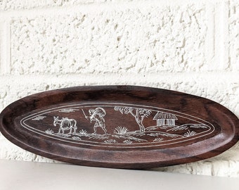 Vintage Wooden Dish with Illustration of Man, Donkey, and Village