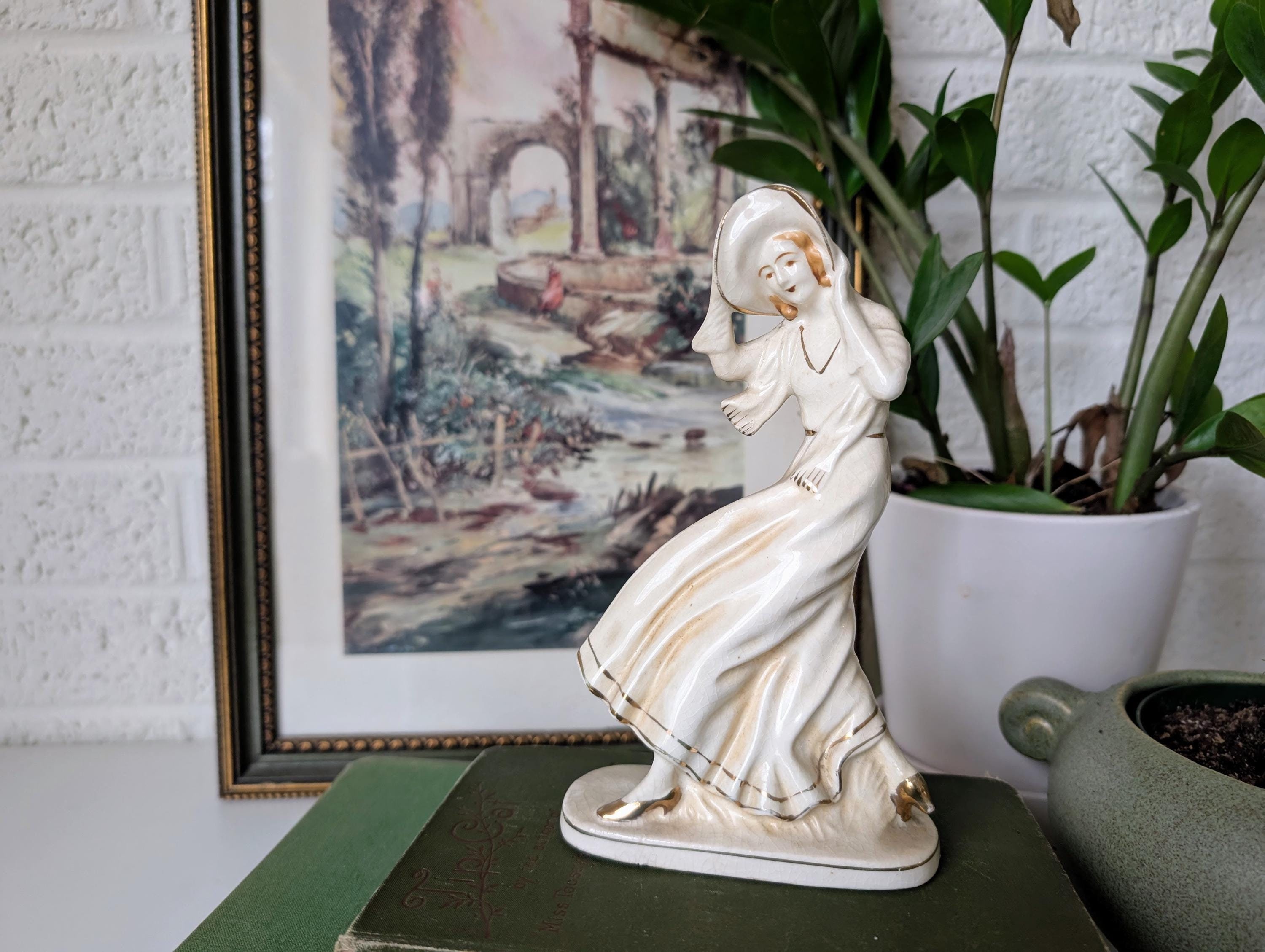 Vintage Woman in the Wind Figurine | Japan | Lady With Hat, Scarf