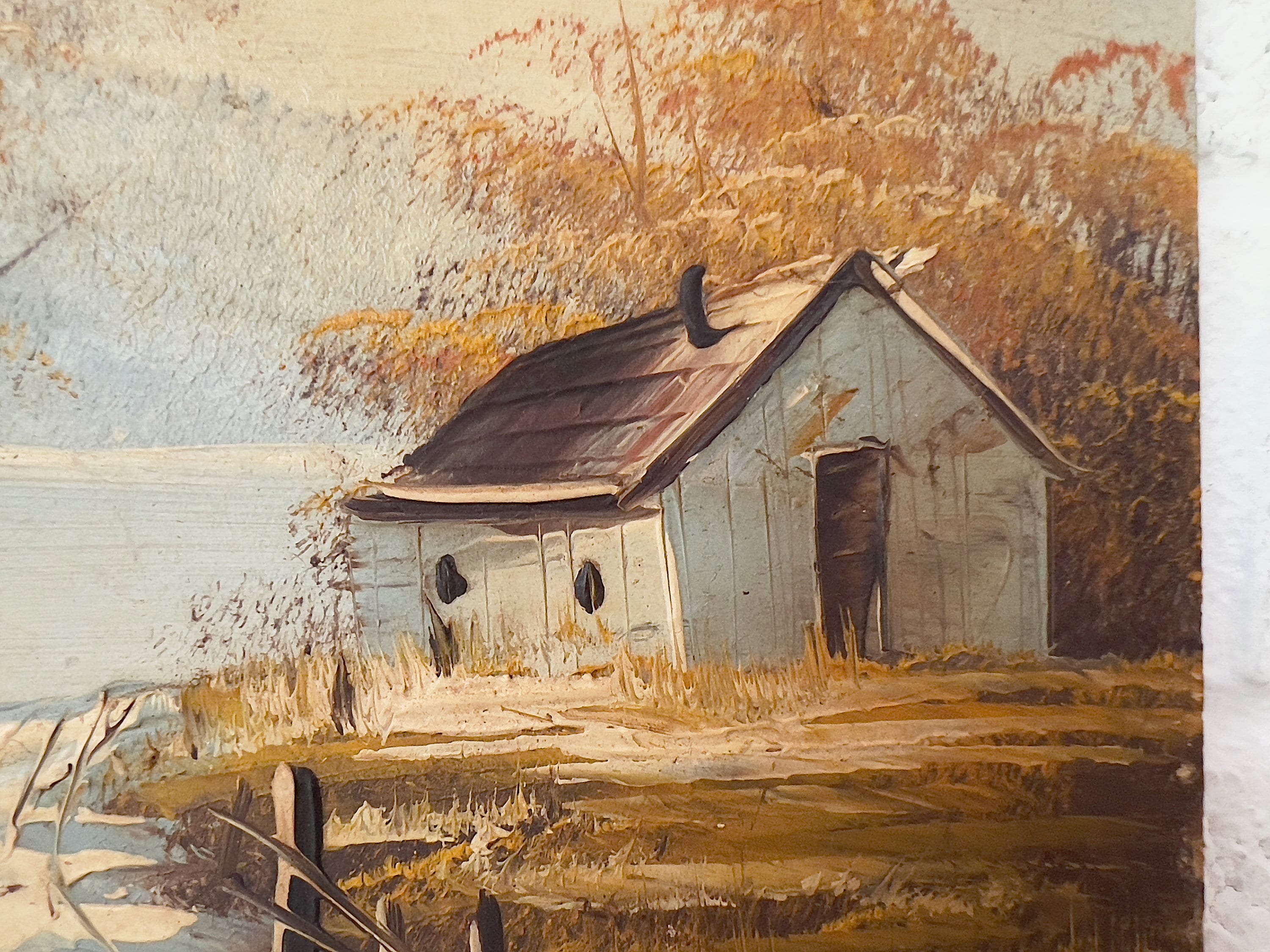 ヴィンテージオリジナル絵画 | 秋の湖畔の小屋 - Etsy 日本