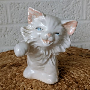 Vintage Happy Cat Figurine | White Cat with Blue Eyes | Paw in the Air | Smiling Playful Kitten