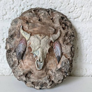 Vintage Western Native Indian Decor Steer Skull Sculpture Plaque by Albert Alfaro