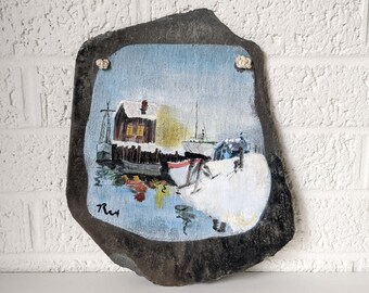 Vintage Painting on Slate | Docked Boats | Signed