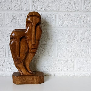 Vintage Modernist Wood Sculpture on Base | Carved Faces | Mid Century | Has Look of André Decembre Cubism | Haitian Wood Sculpture | Haiti