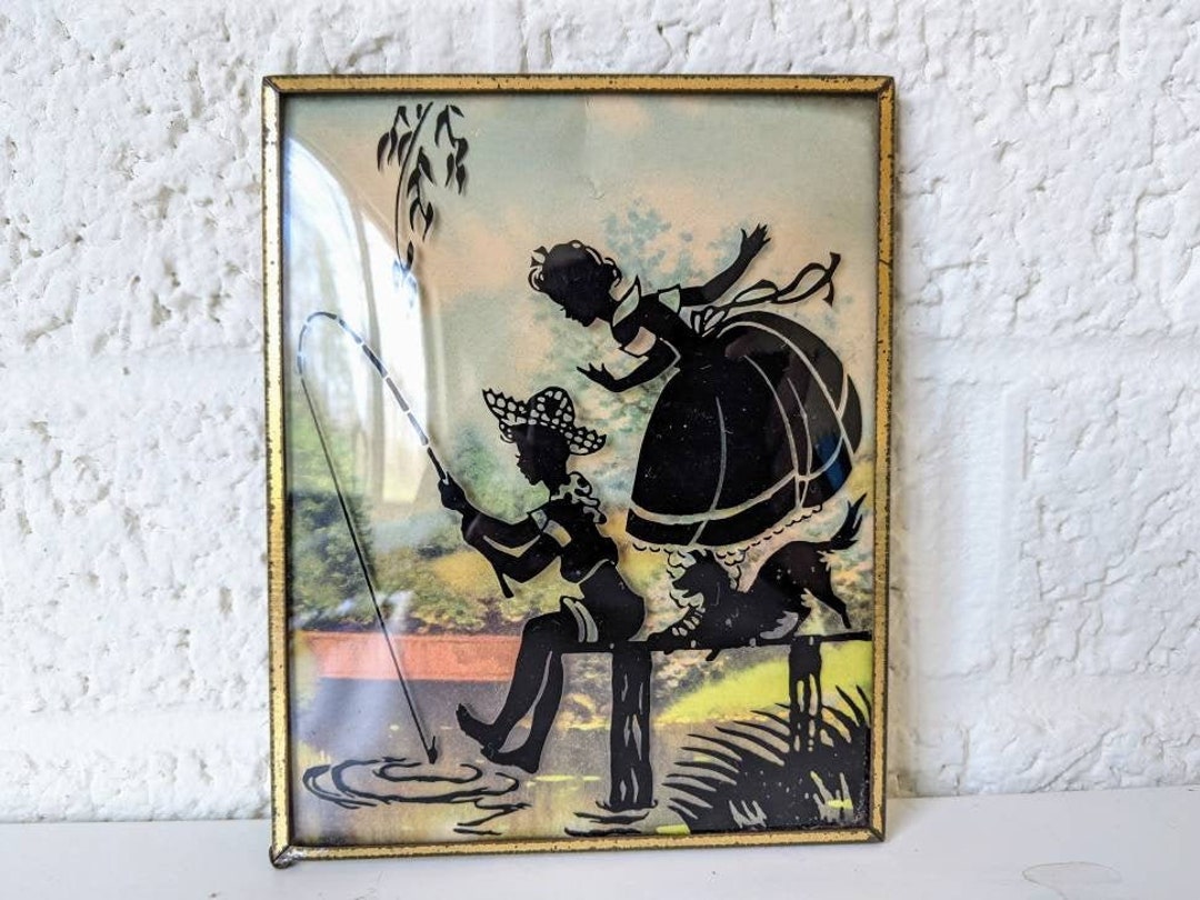 Vintage Silhouette Cameo Wall Art With Curved Glass Fishing Etsy