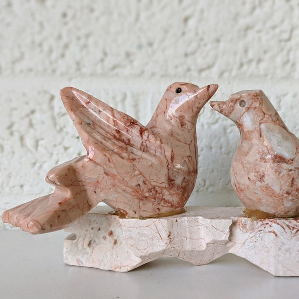 Vintage Pink Onyx Sculpture, Pair of Birds | Hand-Carved Pink Stone Figurines
