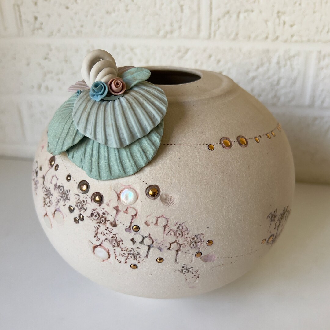 Vintage Clay Vase Signed Pottery Floral Shells Pastel Etsy