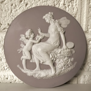 Vintage Plaque Featuring a Fairy and Cherub | Incolay-Like Cameo Art | Victorian