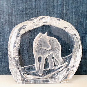 Vintage Nybro Sweden Lead Crystal Wolf Sculpture